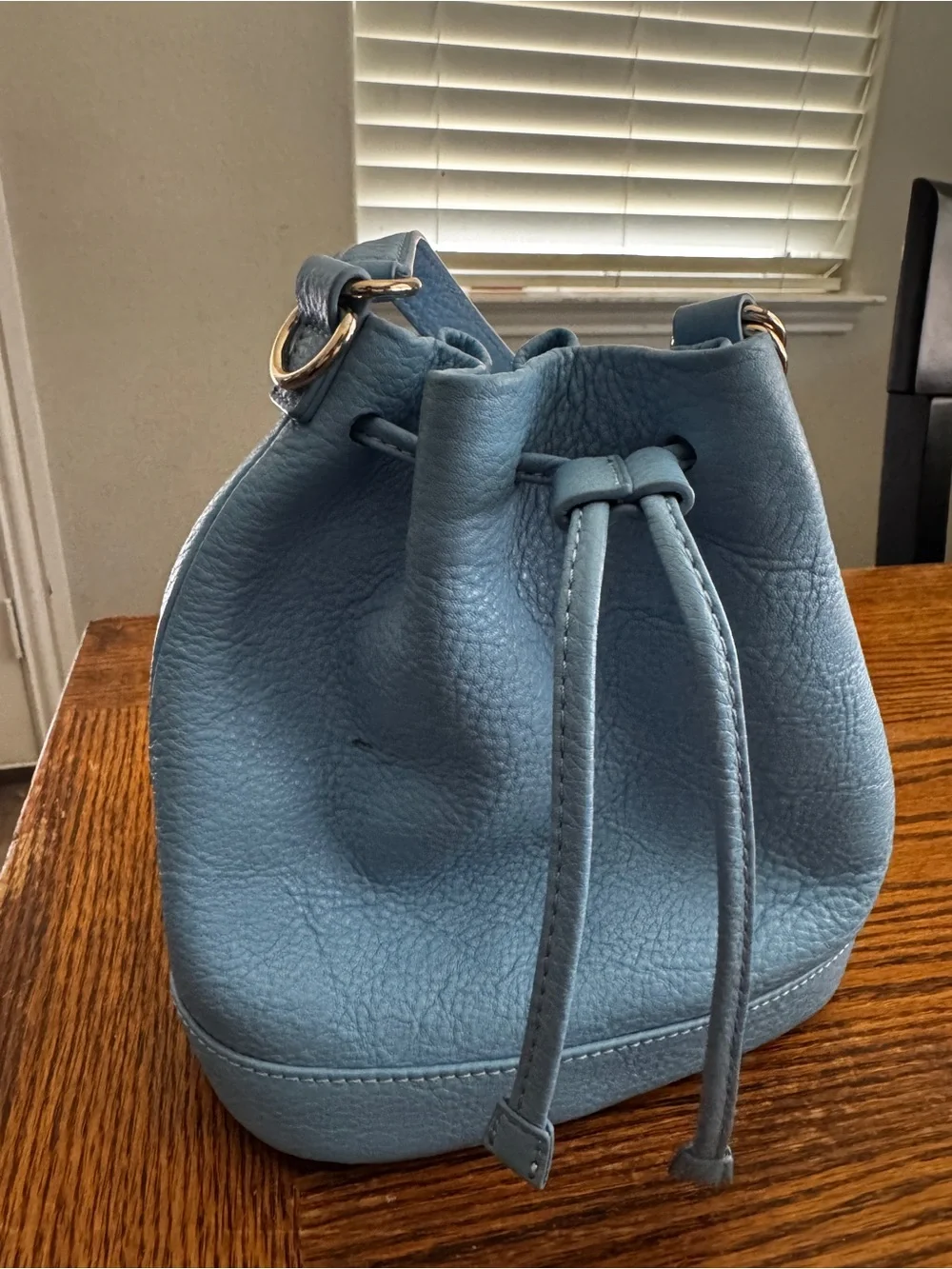 ANTONIO MELANI Blue Pebbled Leather Drawstring Bucket Bag